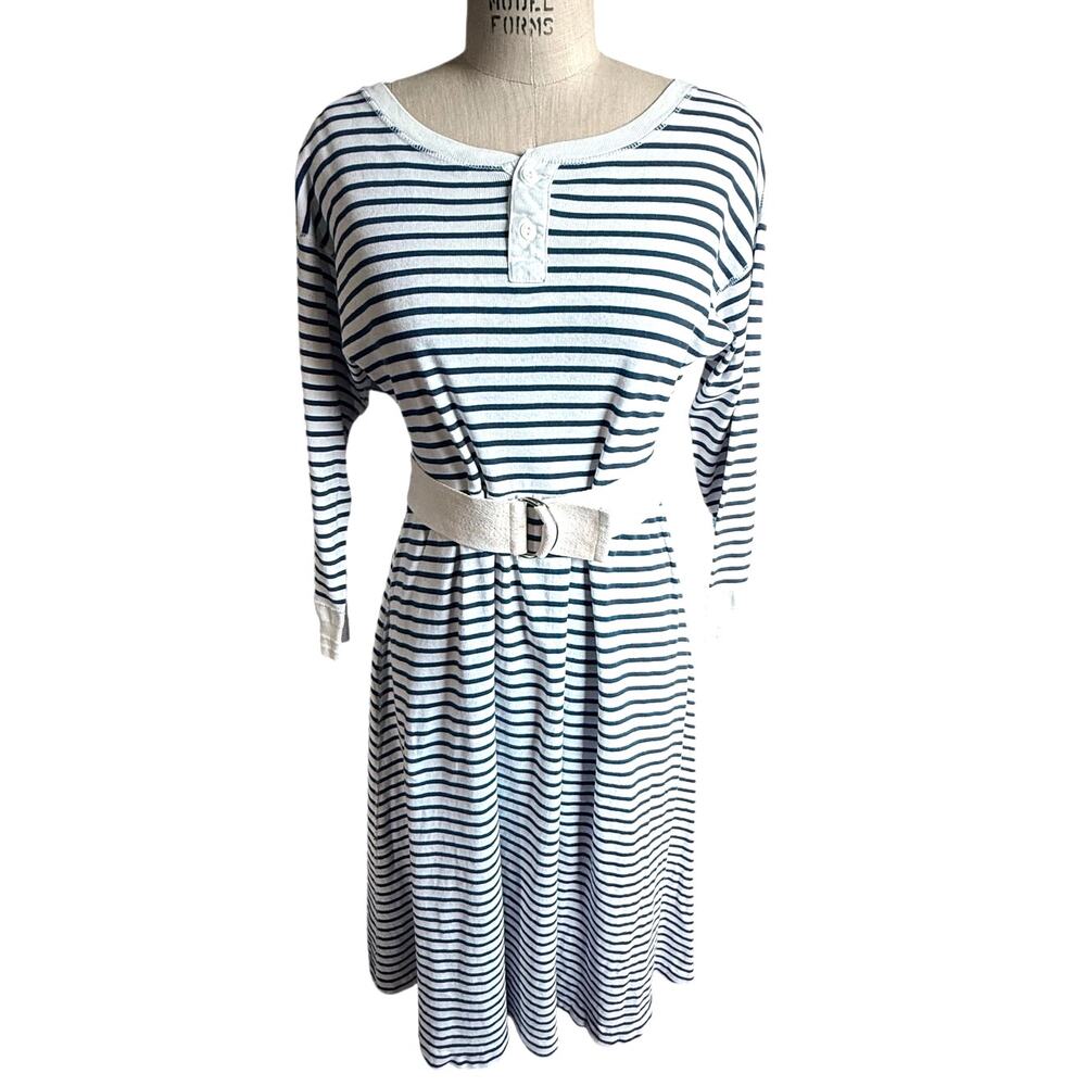 Vintage Ralph Lauren Striped Henley Cotton Dress in Blue & White Size Small
